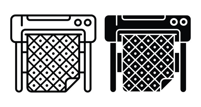 Large format digital printer plotter machine printing geometric pattern on fabric or paper textile industry equipment icon set vector illustration