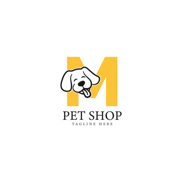 Letter M Logo with a Dog face. Alphabet M Pet Design Icon