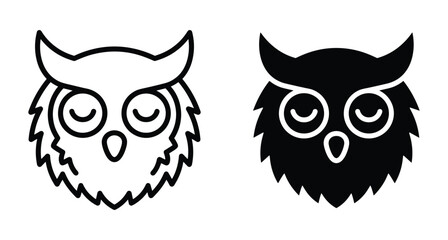 Fototapeta premium Owl head icon set featuring minimalist line art and solid black silhouette designs for wildlife logos and nature graphic elements