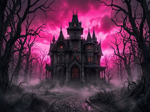 A spooky haunted mansion standing in a dark misty forest under a vibrant pink sky for halloween