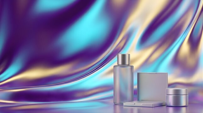 Cosmetic product bottles and compact case on iridescent wavy surface