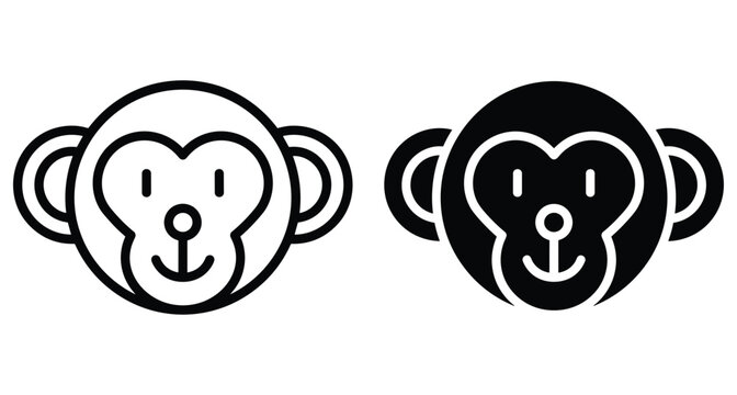 Monkey head icon set featuring outline and solid black primate face designs for animal logos web interface and graphic projects