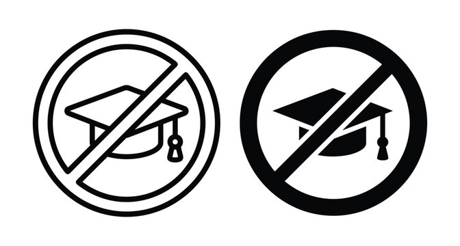 Graduation cap forbidden sign with circle and slash symbol for no education mortarboard icon set for dropout or school cancellation