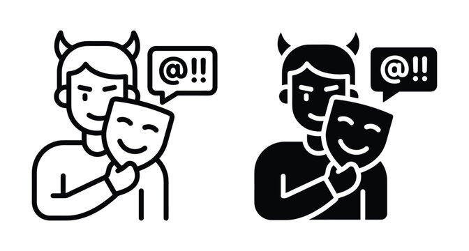 Cyberbullying icon set showing a person with devil horns holding a happy mask and swearing in a speech bubble symbol representing hypocrisy