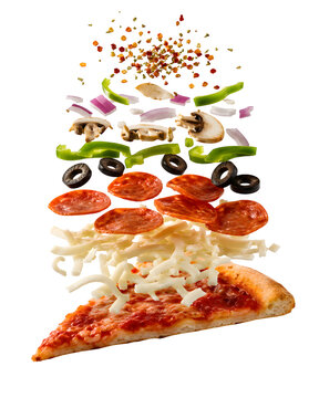 Exploded Pizza Slice with Floating Toppings Isolated on Transparent Background PNG