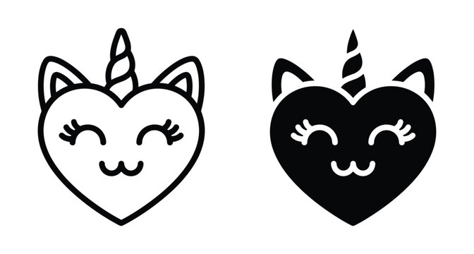 Cute heart shaped cat unicorn face icons with smiling eyes and horn in outline and solid black silhouette styles set