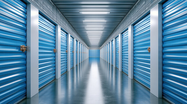 Blue self storage corridor with secure roll up doors