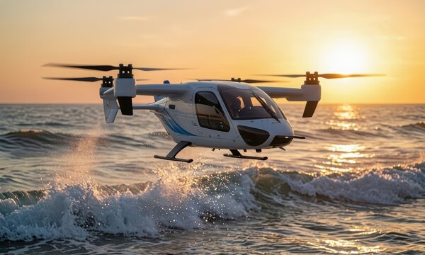 A vtol air taxi hovers above the ocean waves during sunset. The vtol air taxi creates splashes as it prepares to land, showcasing modern transportation innovation.