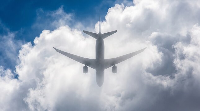 Airplane flying through dramatic white clouds in the blue sky background low angle view