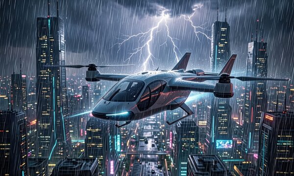 A futuristic air taxi hovers above the city, navigating through heavy rain. The air taxi maneuvers amid towering skyscrapers as lightning illuminates the stormy sky.
