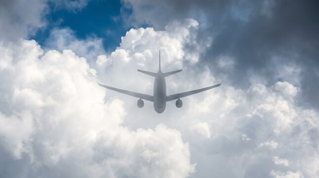 Airplane flying through dramatic clouds in the blue sky