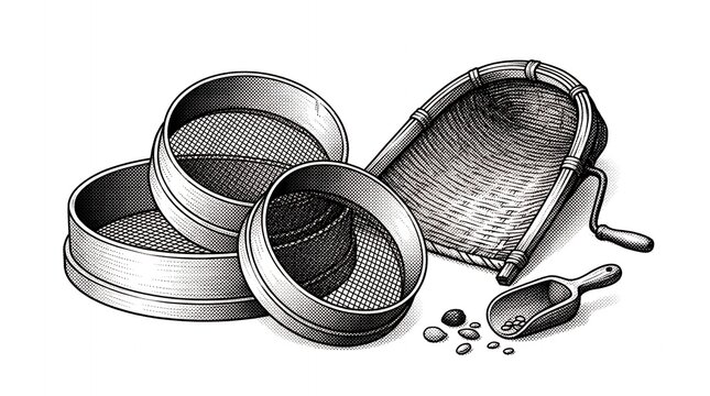 Traditional grain sieves with woven winnowing basket and wooden scoop retro woodcut.