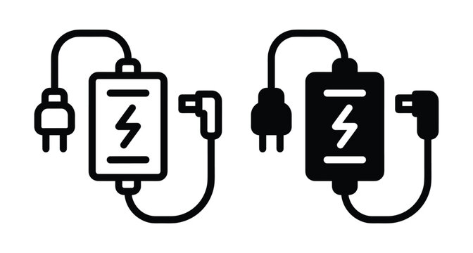 Power adapter charger icon set with cable plug and lightning bolt symbol for electronic device battery charging and energy supply