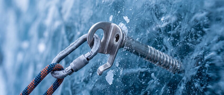 Ice screw for climbing safety gear securely attached to frozen water surface with carabiner and rope, extreme sport equipment detail