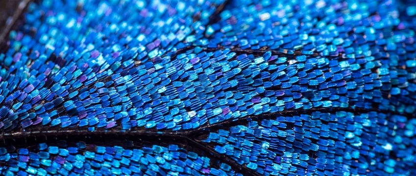 Blue morpho butterfly wing close up macro scale pattern revealing shimmering iridescent vibrant structures for biological research imaging