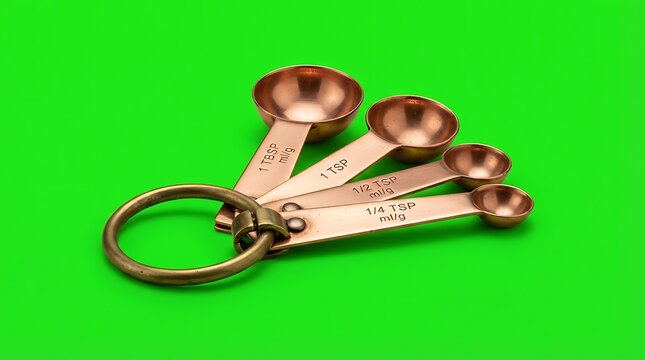 A set of four copper measuring spoons on a metal ring against green screen
