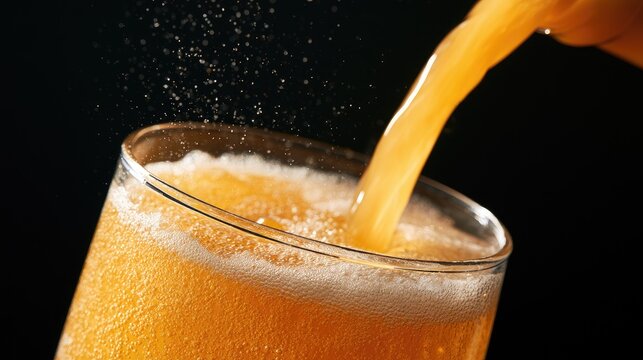 Orange fizzy liquid pouring into a glass, creating froth