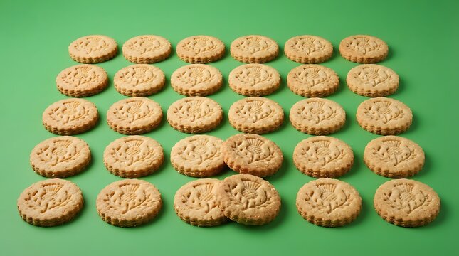 A perfectly organized grid of round textured cookies on a green background