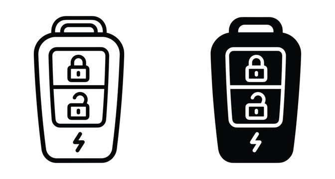 Car key fob icon set for electric vehicle remote control with lock unlock and charging symbols in outline and solid style