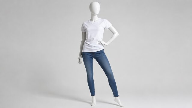 White female mannequin modeling basic white t-shirt and blue jeans against grey background. Female display dummy for clothing store retail shop. Full length body form for fashion design.