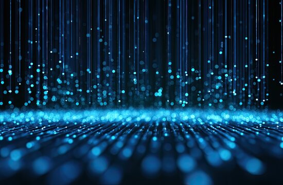 Abstract blue glowing particles descend and pool on a dark, textured surface
