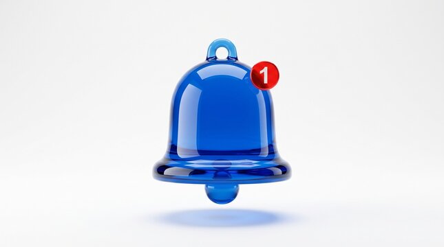 Blue 3d notification bell icon with a red number one alert badge for social media and website updates