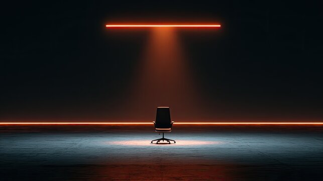 Empty chair under dramatic orange spotlight in dark, modern room