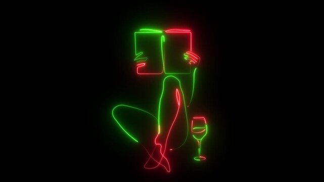 Dual Tone Neon Sketch of a Relaxing Reader with Drink
