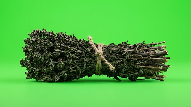A bundle of dark dry twigs tied together with a natural twine string