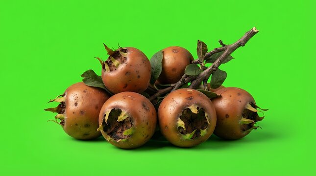A cluster of fresh brown medlar fruits attached to a woody twig branch
