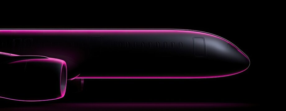 Sleek aircraft fuselage outlined in vibrant pink neon against a dark background
