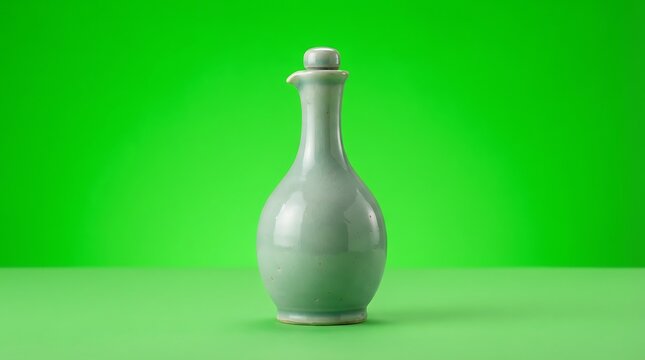 A vintage celadon ceramic vinegar cruet isolated on a vibrant green background