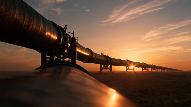 Industrial Oil and Gas Pipeline at Sunset Landscape