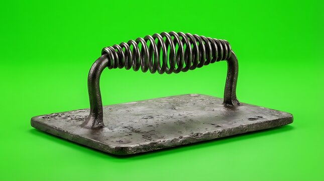 Cast iron meat press with a cool touch coil handle on a green background