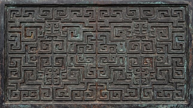 Antique Bronze Panel with Traditional Asian Meander Pattern