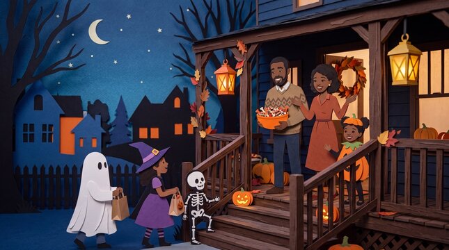 Family Giving Trick or Treat Candy on Halloween Night