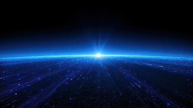 Vast digital horizon with bright light and flowing blue data streams