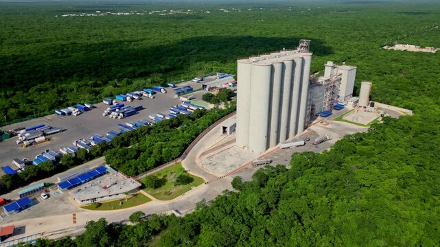 Aerial view of industrial grain elevator and logistics center