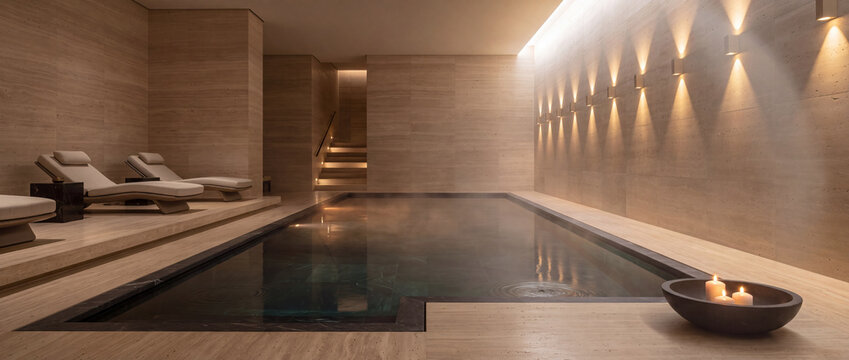 Indoor pool in a luxury spa interior featuring warm travertine stone walls, atmospheric sconce lighting, steaming water, and lounge chairs for high-end hotel wellness and relaxation concepts