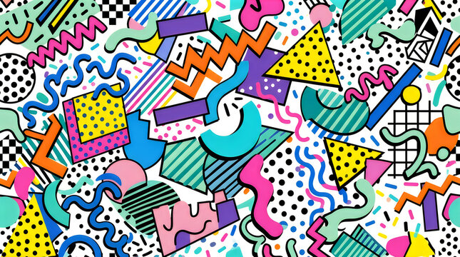 Colorful retro memphis style seamless pattern with pixel art geometric shapes