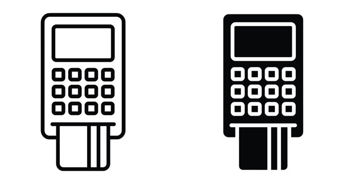 POS terminal icon set with credit card inserted for payment processing electronic transaction machine for retail business and financial commerce