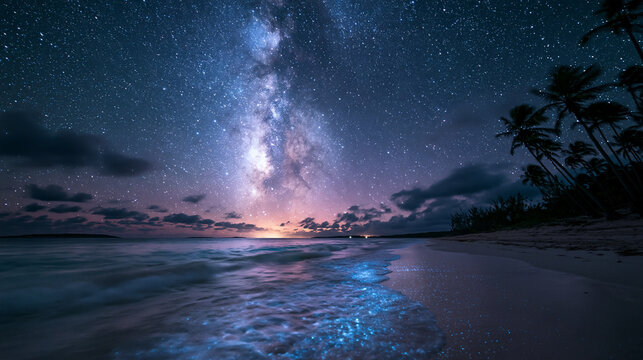 Bioluminescent Plankton and Milky Way on Tropical Beach