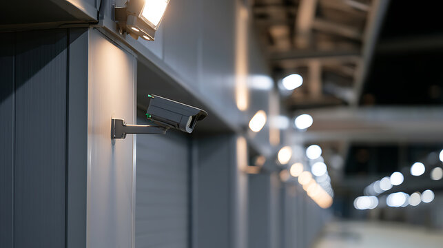 Modern security camera mounted on a commercial building wall outdoors at night with bright artificial lighting creating bokeh effect in background