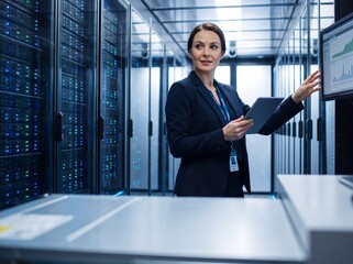 Fototapeta premium Female IT manager in black business suit using tablet to monitor server performance charts.