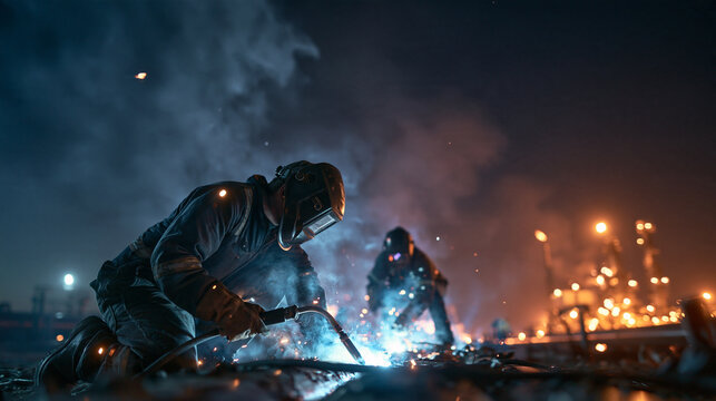 Industrial Welders Working on Metal Construction Site at Night