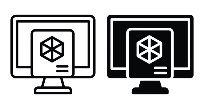 Computer monitor displaying 3D modeling software icon with cube symbol in outline and solid glyph styles for digital design projects