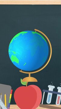 Digital animation of spinning globe icon over multiple school concept icons on black board