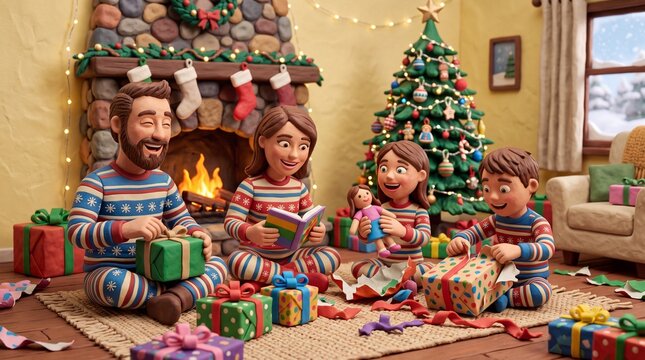Claymation Family Opening Christmas Presents Near Cozy Fireplace