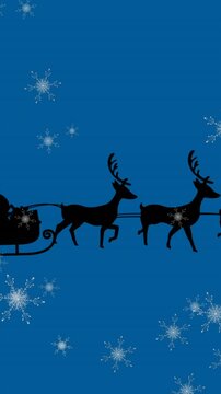 Animation of snowflakes falling over silhouette of santa claus in sleigh being pulled by reindeers