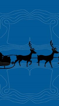 Animation of silhouette of santa claus in sleigh being pulled by reindeers over topography patterns
